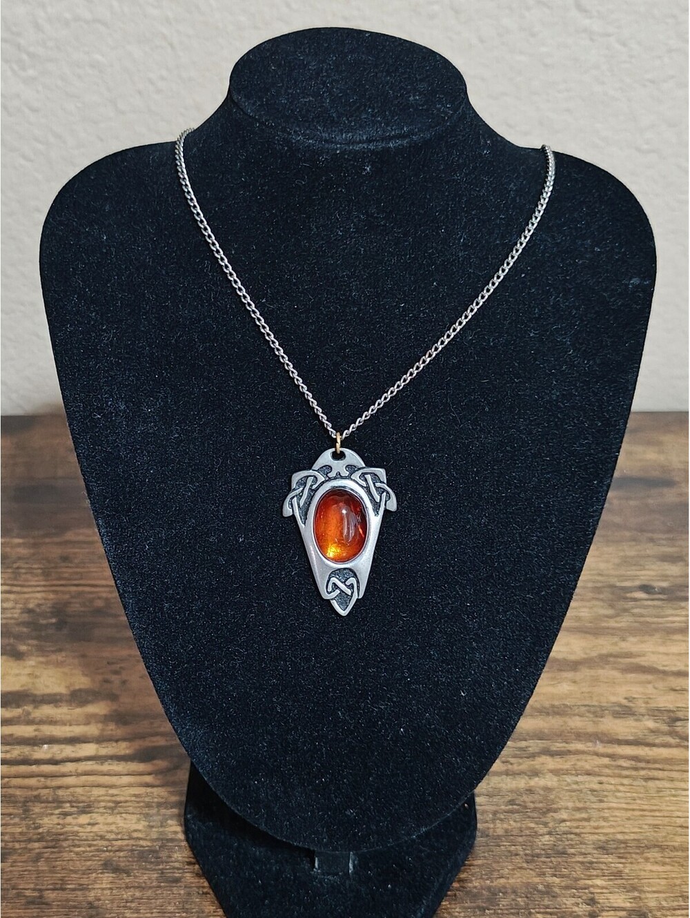 90s St Justin Cornwall Pewter Celtic Shield Pendant Necklace, Baltic Amber Stone